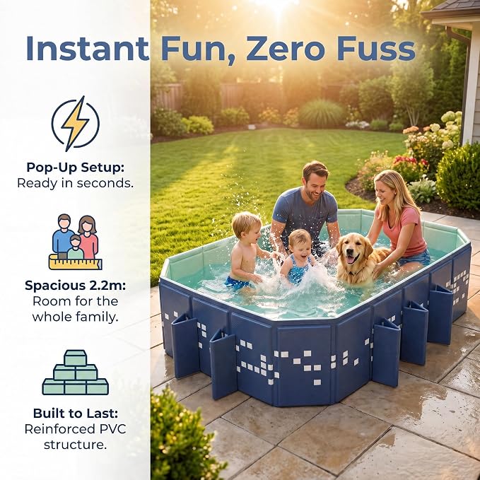 Foldable Pool Non-Inflatable, Large Collapsible Swimming Pool for Kids Adults, Hard PVC Board, 10 Triangle Supports, Family Backyard Outdoor Pool, Blue（86.6" × 53.1" × 19.7"）