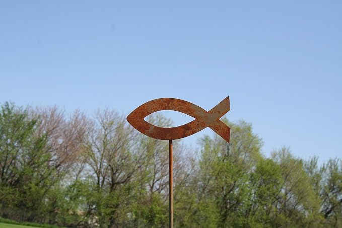 Christian Jesus Fish Metal Steel Garden Landscape Stake 20 to 33 Inches Tall (Flat Jesus Fish 20" Tall Including Stake, Naturally Rusted)