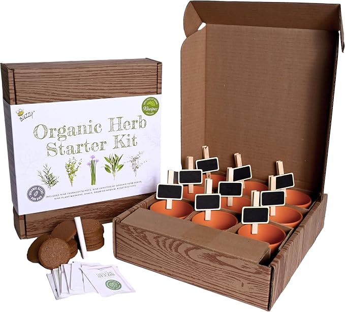 Buzzy Seeds Organic Herb Garden Kit 9-Pack - Mini Terracotta Pot Grow Set - Complete Indoor/Outdoor Gardening Kit with Seeds, Coconut Husk Growing Medium & Genuine Pots - 100% Grow Guarantee