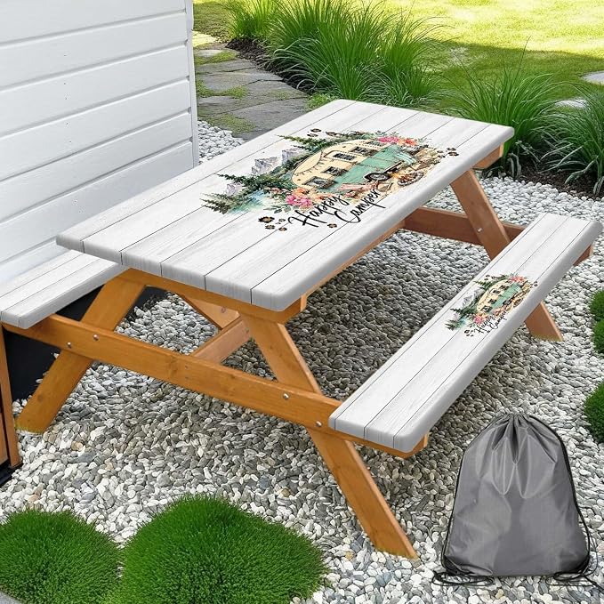 Picnic Table with Bench Covers 3PCS, Happy Camper Floral Forest Waterproof Windproof, Fitted Tablecloth Elastic Edge Drawstring Bag, Camping Essentials for BBQ RV Outdoor Party, 30X96 inch