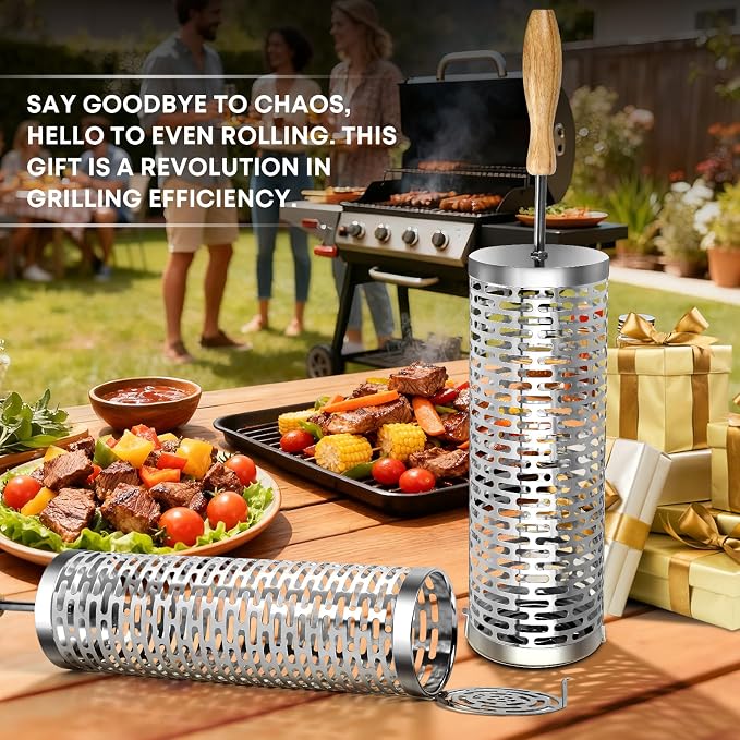 Rolling Grill Basket for Outdoor Grill, BBQ Cage for Vegetable/Veggies 2pcs | Stainless Steel Roll Barbeque Basket with Handle Heat Resistant, Non-slip Large Capacity to Grill Seafood Sausage for Camping