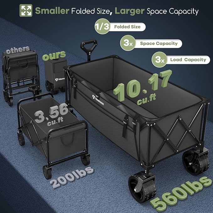 Hikemoon 300L Extra Large Wagons Carts Foldable, 560LBS Heavy Duty Collapsible Beach Wagon 48" Long with Big All-Terrain Wheels, Utility Folding Cart for Camping, Grocery, Sports, Garden, Grey