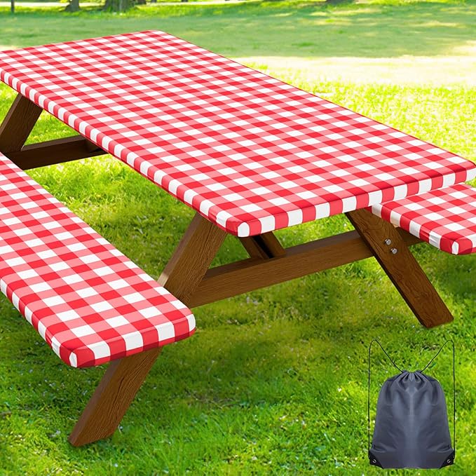 Smiry Picnic Table Cover with Bench Covers, Waterproof Elastic Fitted Tablecloths for 6 Foot Rectangle Tables, Washable Buffalo Plaid Tablecloth for Camping & BBQ (Red & White, 30"x72")