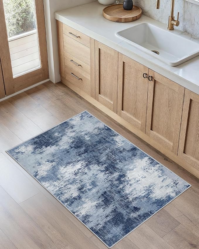 Washable Area Rug 2x4, Small Entryway Rug Non-Slip Vintage Door Mat Indoor Entrance, Low Pile Floor Carpet for Entrance, Hallway, Kitchen and Corridor，Dark Blue