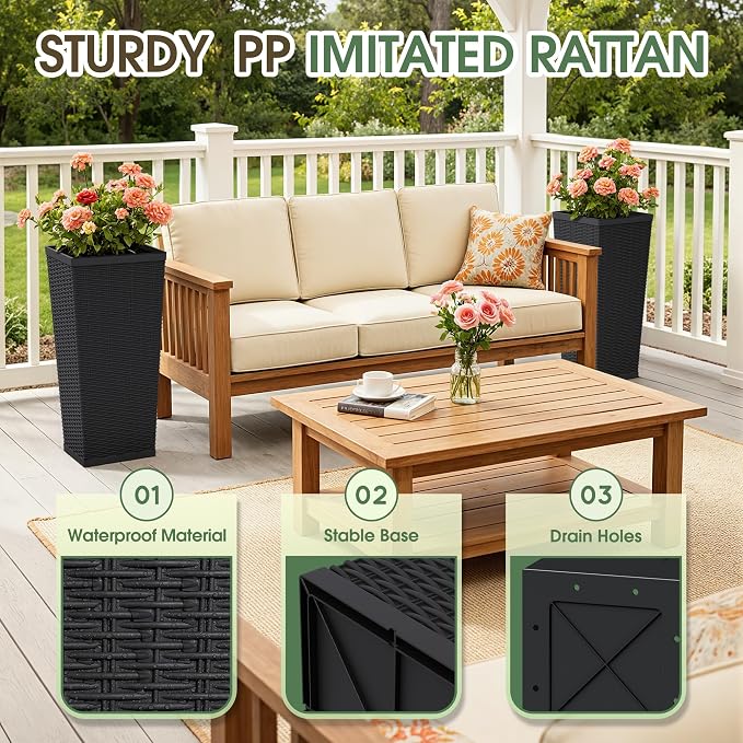 30 Inch Tall Plastic Planters(Set of 2), Detachable Inner Pot & Drainage Holes, Outdoor Decorative Flower Pots for Large Plants, Trees, Patio, and Garden, Black