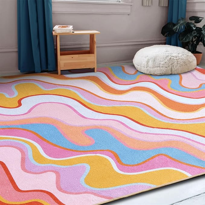 Vintage Abstract 4x6 Area Rug Ultra Thin Flatweave Funky Aesthetic Colorful Striped Bedroom Rug Washable Throw Carpet for Kitchen Entryway Nursery Living Room, Orange and Blush