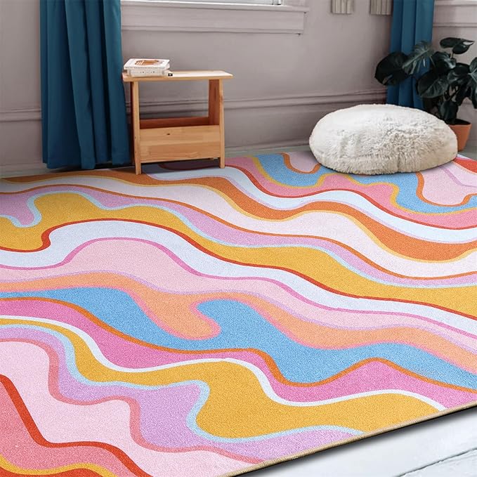 Colorful Abstract 6x9 Area Rug Ultra Thin Flatweave Funky Aesthetic Colorful Striped Living Room Rug Orange Blush Washable Carpet for Nursey Entryway Bedroom Dining Room Dorm Office