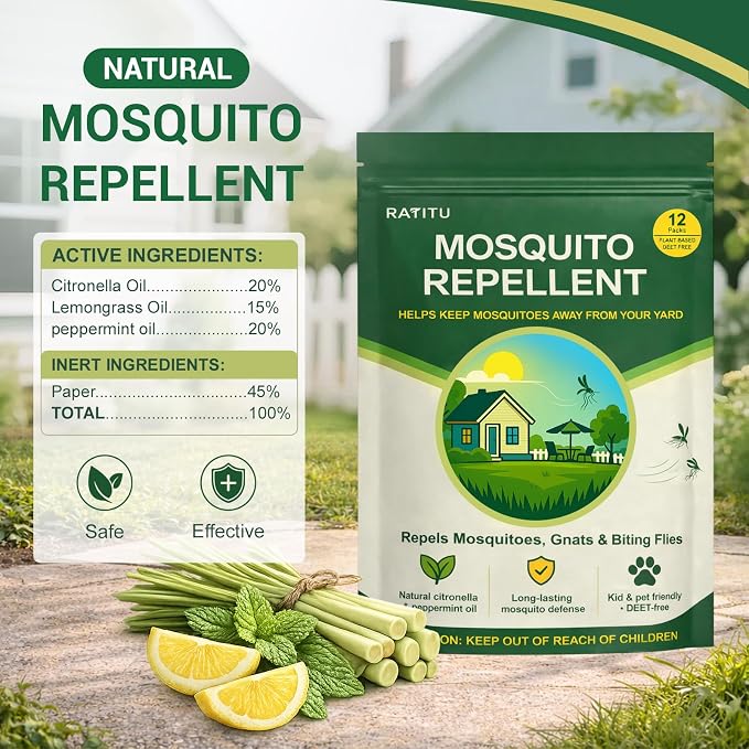 Mosquito Repellent Balls, Outdoor & Indoor Natural Mosquito Repellent for Patio, Yard, Camping, 12 Pack Peppermint Oil & Citronella Oil Mosquito Deterrent, Safe for Kids & Pets