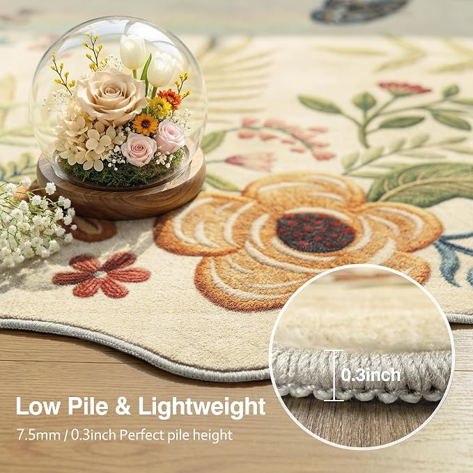 FMFUNCTEX 2x3 Washable Beige Floral Vintage Flower Scalloped Entryway Rug | Colorful Door Mat Traditional Non Slip Low Pile Boho Pattern Indoor Soft Small Thin Throw Rugs Entry Entrance Kitchen Laundry