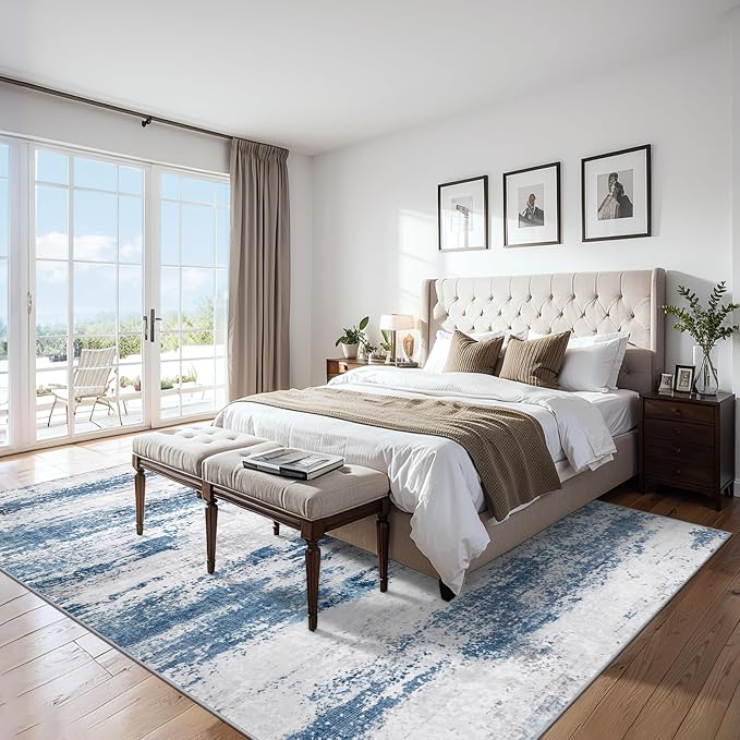 PLHXFR 10x14 Area Rug Living Room: Abstract Washable Carpet White Blue | For Bedroom Dining Room Farmhouse Nursery Home,Machine washable,Non Slip,Large Soft Neutral,Stain Resistant, Indoor Floor