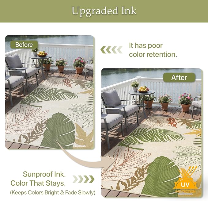 GENIMO Outdoor & Indoor Area Rug 6'x9', Waterproof, Non-Shedding, Easy Cleaning, Leaf Mat for Patio, Living Room, Balcony, Dining Room, RV, Deck, Bedroom, Camping, Outside Carpet, Olive Mustard