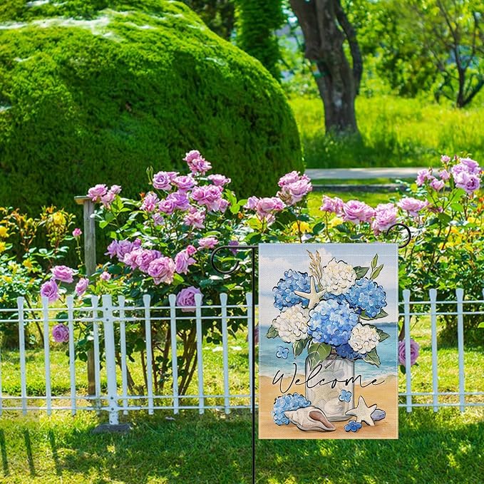 Artofy Welcome Spring Summer Flower Small Decorative Garden Flag, Hydrangea Floral Mason Jar Beach Coastal Yard Lawn Outside Decor, Nautical Conch Starfish Outdoor Home Decoration Double Sided 12 x 18
