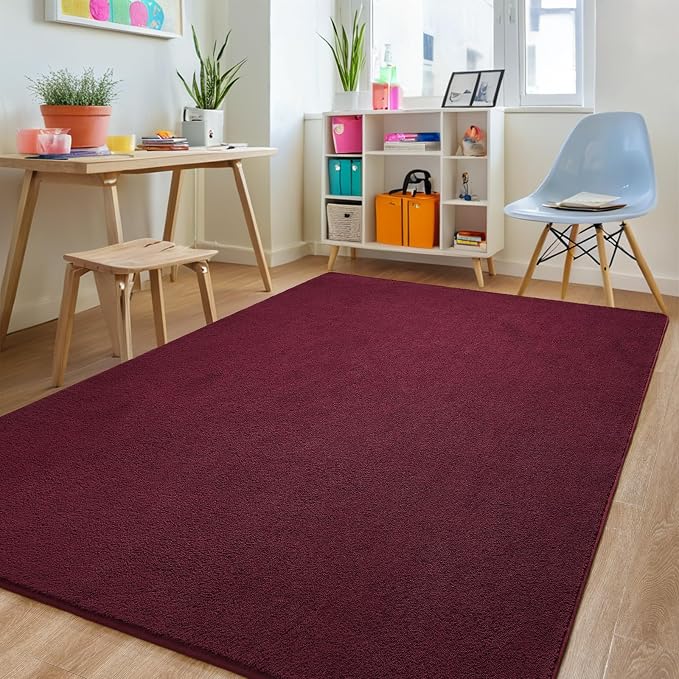 5x7 Burgundy Red Area Rug Modern Aesthetic Minimalist | Washable Memory Foam, Low Pile Non Slip Indoor Carpet for Living Room Bedroom Office Classroom College Dorm Room Home Decor