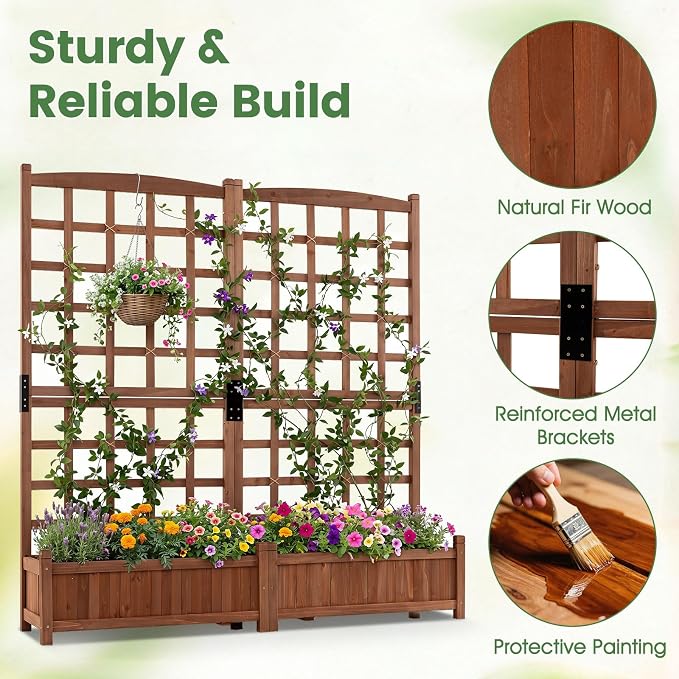 Giantex Wooden Raised Garden Bed with Trellis, Dual Large Planter Boxes for Climbing Plants Vegetables Flowers, Elevated Outdoor Planter w/Drainage Holes & Privacy Screen, Patio Backyard Decoration
