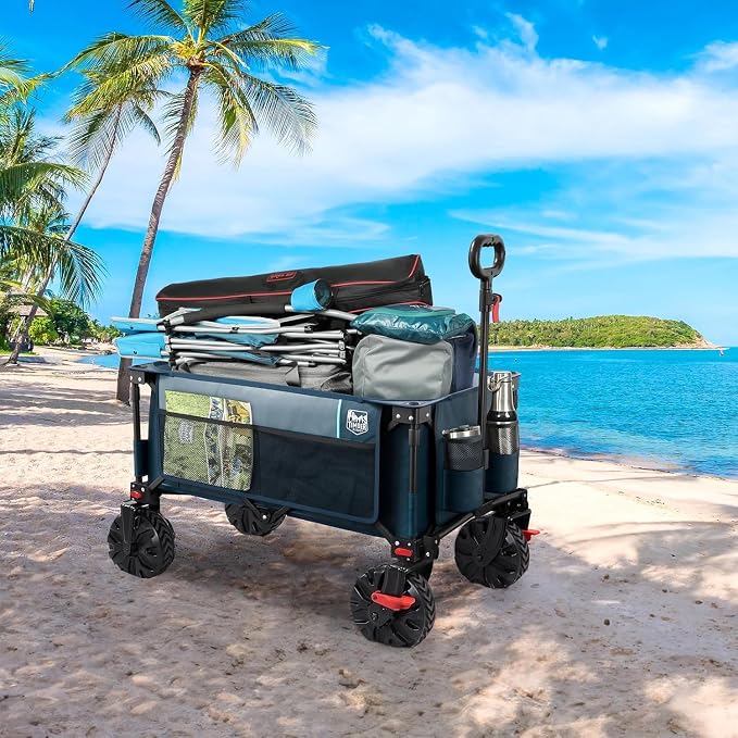 Timber Ridge Collapsible Wagon with Brakes Utility Folding Cart Heavy Duty All Terrain Wheels for Outdoor Shopping Camping Sports Garden with Side Bag and Cup Holders, Blue