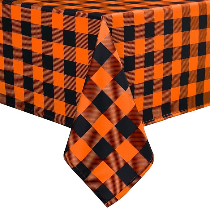 Classic Orange Gingham Buffalo Tablecloth Fabric - Oblong 58x144 Inch Water Proof Checkered Table Cloth for Indoor Outdoor - Farmhouse Table Cover for Halloween Party, Picnics, and Parties
