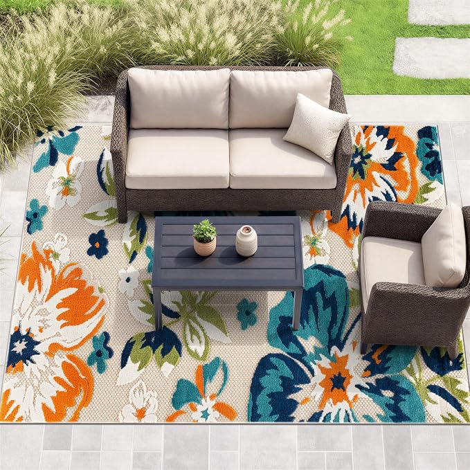 Rugshop Bergamo Contemporary Floral Indoor Outdoor Area Rug, Non-Shedding Carpet for Patio Deck Backyard or Garden Multi 7'10" x 10'