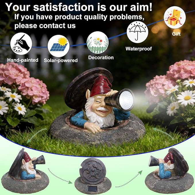 Solar Garden Gnome Outdoor Decor, Funny Gnome Statue Peeking from Manhole Cover, Waterproof Resin Figurine Lights for Yard Lawn Patio, Gift for Women & Garden Lovers