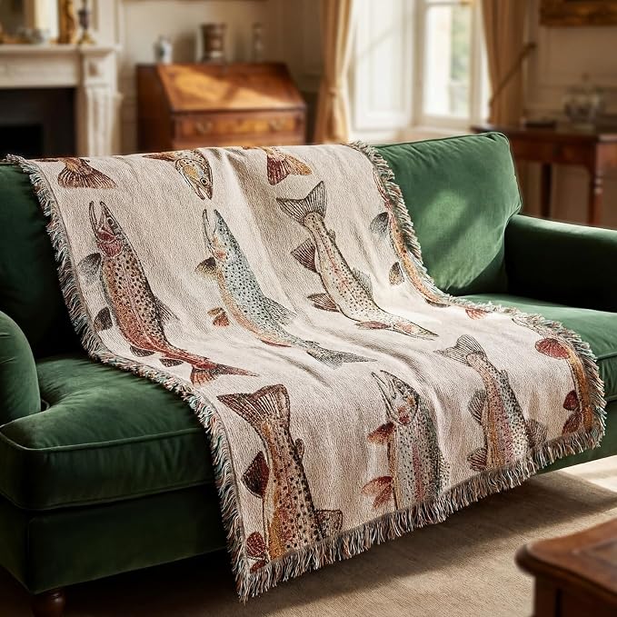Moukeren 60 x 50 Inch Woven Tapestry Throw Blanket with Colorful Tassel, Rainbow Trout, Great Lakes Trout Fishing Gift, Fly Fishing Gift for Fisherman Dad or Husband
