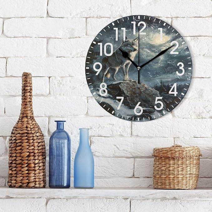 ALAZA Home Decor Wolf Sky Moon Round Acrylic 9.84 Inch Wall Clock Non Ticking Silent Clock Art for Living Room Kitchen Bedroom