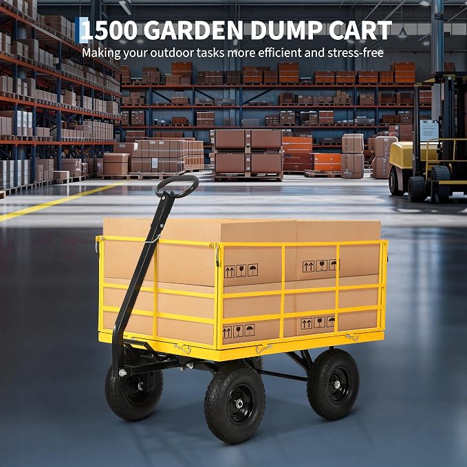 Garvee 1500 LB Garden Dump Cart, Heavy Duty Metal Utility Wagon ATV Trailer | 13 in All Terrain Tires, 4-in-1 Yard Wagon Cart with Removable Side Panels for Outdoor Lawn, Yard, Backyard