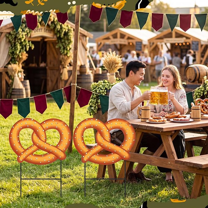 Amyhill 2 Pcs Oktoberfest Pretzel Yard Sign Stakes, 25 Inch Metal Beer Festival Outdoor Decor, German Bavarian Party Yard Signs, Oktoberfest Themed Patio Lawn Walkway Decorative Garden Stakes