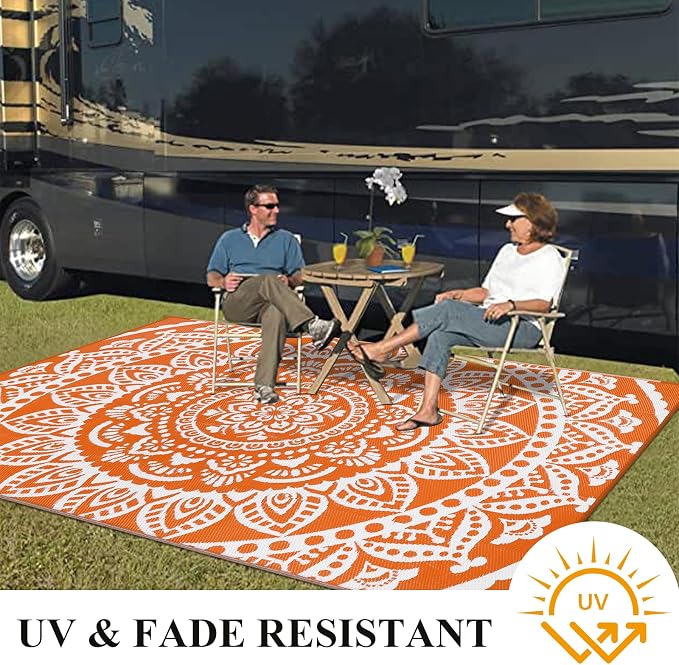 Bsmathom Waterproof Outdoor Rug 6'x9' Reversible Boho Plastic Straw Patio Deck Camping Rugs, Indoor Outdoor Portable RV Mat Clearance Carpet for Outside, Porch, Balcony, Backyard, Beach, Pool,Orange