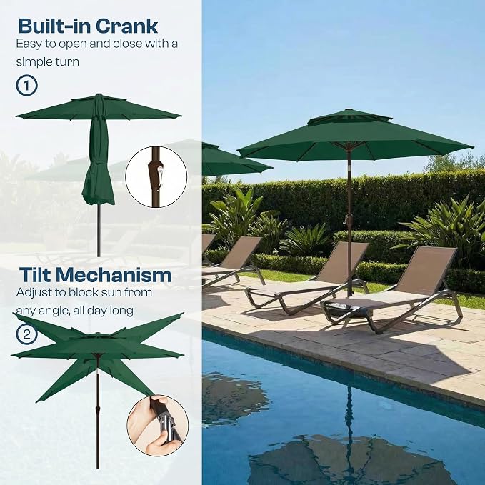 10FT Patio Umbrella, 2 Tier Outdoor Table Umbrella, Large Vented Market Umbrellas with Push Button Tilt and Crank, 8 Sturdy Ribs for Backyard, Deck, Pool, UPF50+ UV Protection