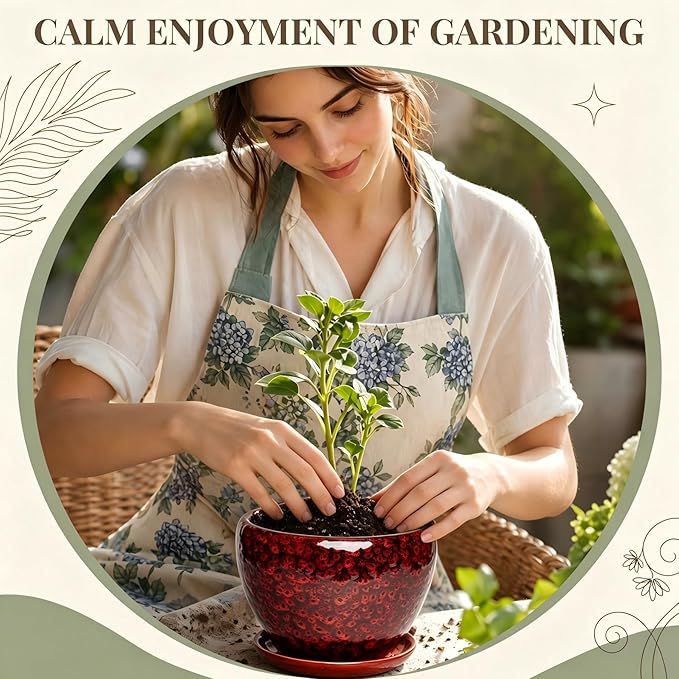9.5 Inch Ceramic Plant Pot with Drainage Hole Mesh Net,Modern Gardening Pots for Indoor Plants with Saucer, Speckle Red