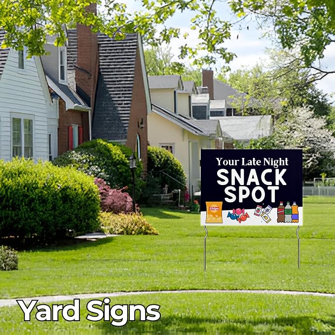 Your Late-Night Snack Spot! Yard Sign by DC | 24"x18" Double Sided Conv. Store Garden Sign with 13” Metal Stakes | Outdoor Signs Waterproof for Lawn, Patio, Sidewalk & House | Set of 3 | Made in USA