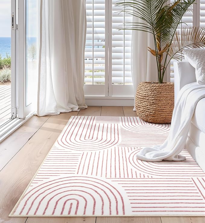 Lahome Abstract 4x6 Pink Rug for Bedroom Nursery, Pink Soft Washable Rugs