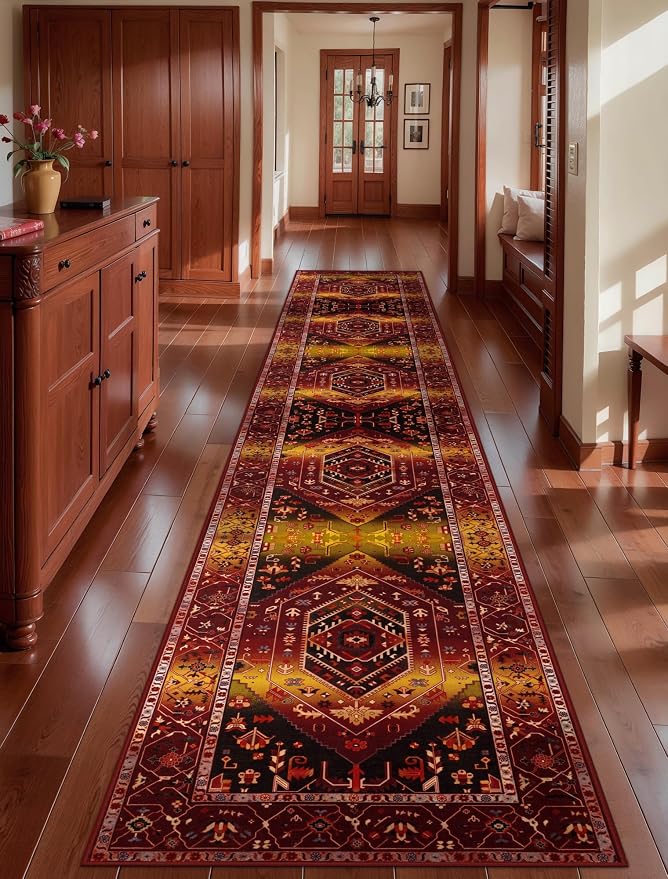 SERISSA 2'6"x14' Washable Non Slip Boho Runner Rug for Hallway | Ultra Soft Vintage Oriental Carpet Low-Pile Rustic Red Gold Floor Carpet for Kitchen Bedroom Entryway Bathroom Laundry Room