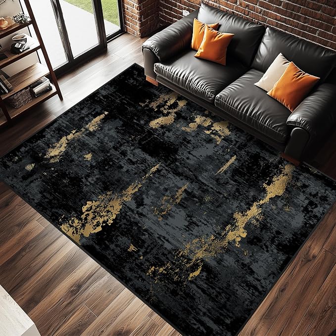 RELEANY Washable 7'x9' Abstract Area Rug for Living Room Black Gold | Carpet for Bedroom, Kitchen, Office, Hallway and Entryway, Printed Pattern, Non‑Slip, Soft, Stain‑Resistant, Easy to Clean