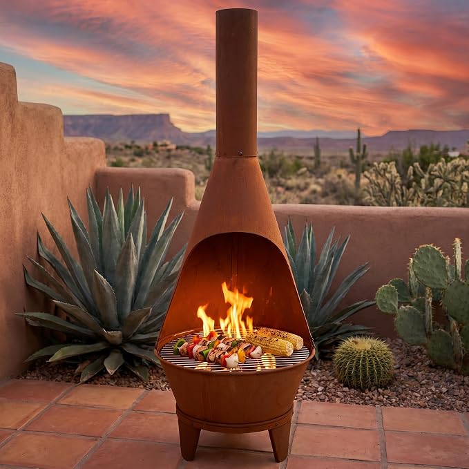Sunnydaze Large Chiminea Outdoor Fireplace - Outdoor Wood-Burning Fireplace - Chimney Fire Pit with Grill Grate - Rustic - 58" H