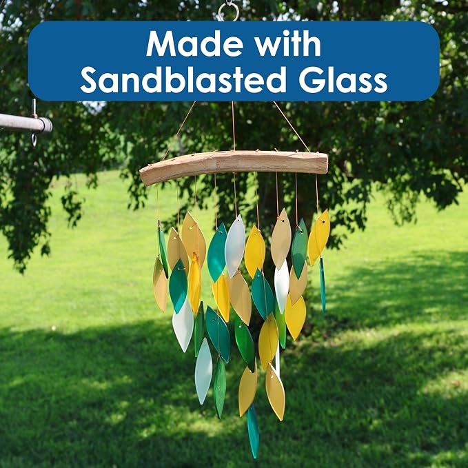 Blue Handworks Rainforest Waterfall Glass Wind Chime | Handcrafted Waterfall Glass Wind Chime in Deep Emerald Green, Bold Gold, Chartreuse Yellow, Dark Teal and Frosted White