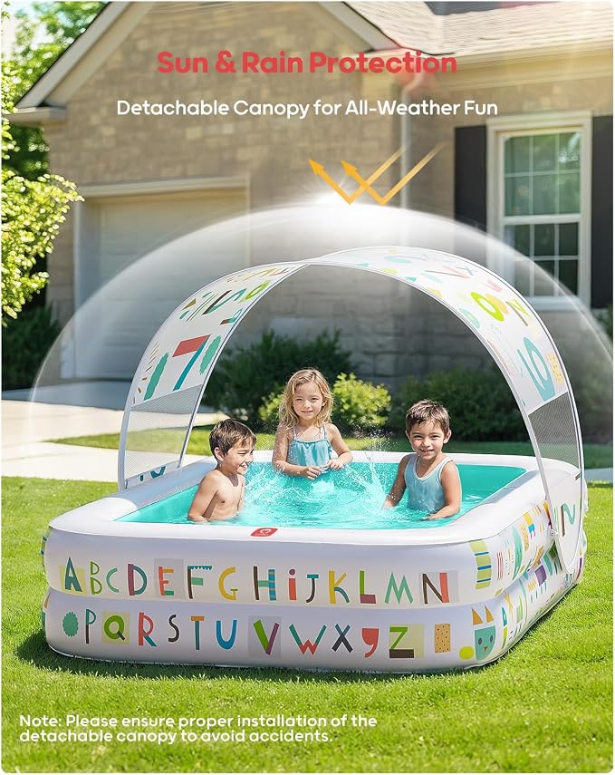 QPAU Baby Pool with Canopy, Inflatable Design, 65 x 39 in, Green | Inflatable Design with Soft Cushioned Floor, Converts to a Ball Pit for Kids and Toddlers, for Indoor and Backyard Play