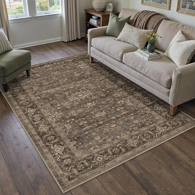 4x5 Dark Brown Vintage Area Rug | Washable, Non Slip, Soft Low Pile, Traditional Farmhouse, for Entryway Kitchen Living Room Bedroom Indoor