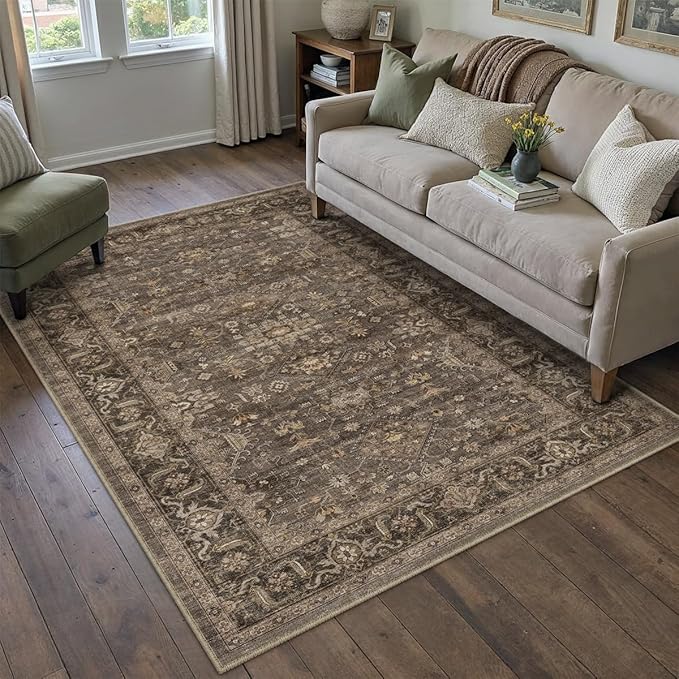 3x5 Dark Brown Vintage Area Rug | Washable, Non Slip, Soft Low Pile, Traditional Farmhouse, for Entryway Kitchen Living Room Bedroom Indoor