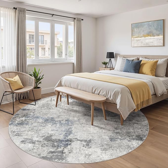 DMOYEST 8ft Round Area Rug for Living Room Washable Non Slip Circle Rug | 8x8 Neutral Modern Abstract Low Pile Rugs Kid & Pet Friendly Soft Carpet for Bedroom Dining Room - Grey Blue
