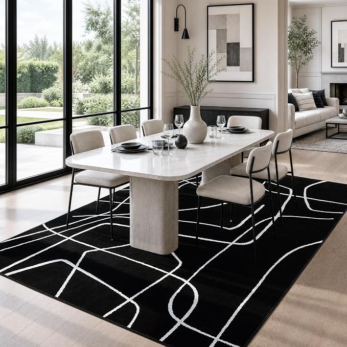 6x9 Washable Modern Abstract Black White Area Rug | Ultra-Thin Low Pile, Non-Slip TPE Backing, Soft Stain Resistant, Machine Washable, for Bedroom Livingroom High Traffic