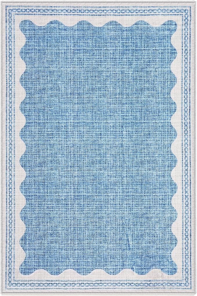2x3 Scalloped Area Rugs Blue Washable Entryway Bedroom Rug | Solid Small Area Rug Non Slip Scalloped Bath Mat, Front Door Mat Indoor Entrance,Soft Girls Nursery Dorm Carpet for Kitchen