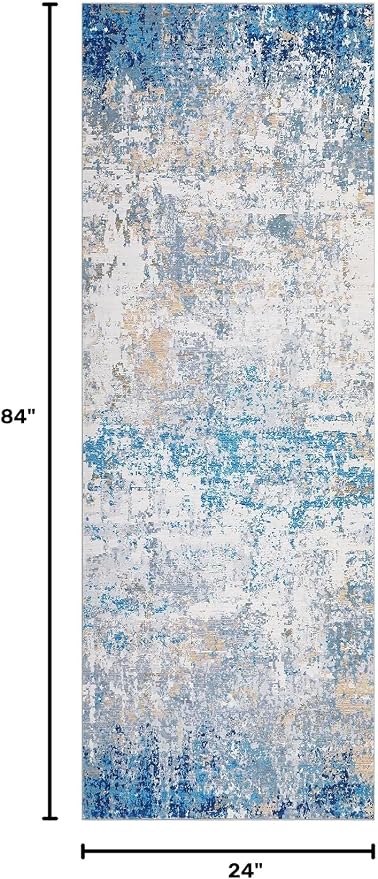 ROYHOME Modern Abstract 2x7 Runner Rug, Blue/Grey | Washable Non Slip Stain Resistant Rug for Hallway Kitchen Bedroom Non Shedding Low Pile Indoor Floor Cover
