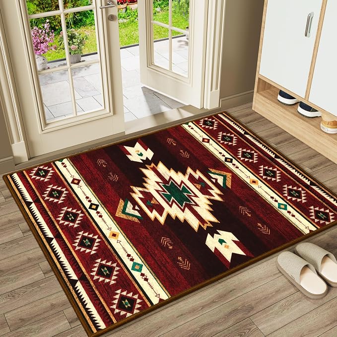 BENRON Western Entryway Rug 2x3, Small Area Rugs for Kitchen, Red | Southwest aztec Rug,Throw Rugs for Hallway Porch Front Door Washable