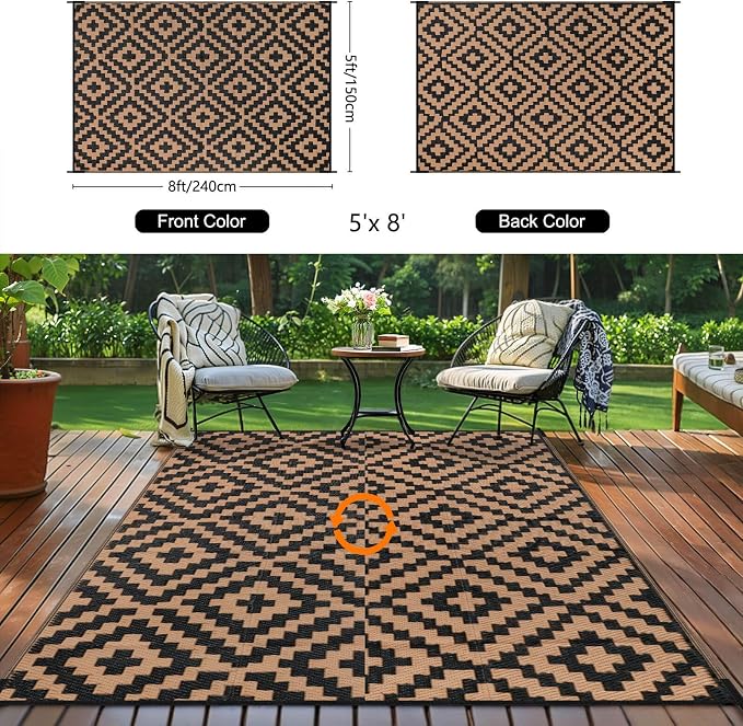 Outdoor Patio Plastic Straw Rug - 5x8 ft Outdoor Camping Rug Waterproof Reversible, Area Carpet Patios RV, Outside Porch Balcony Deck for Camper, Black & Brown