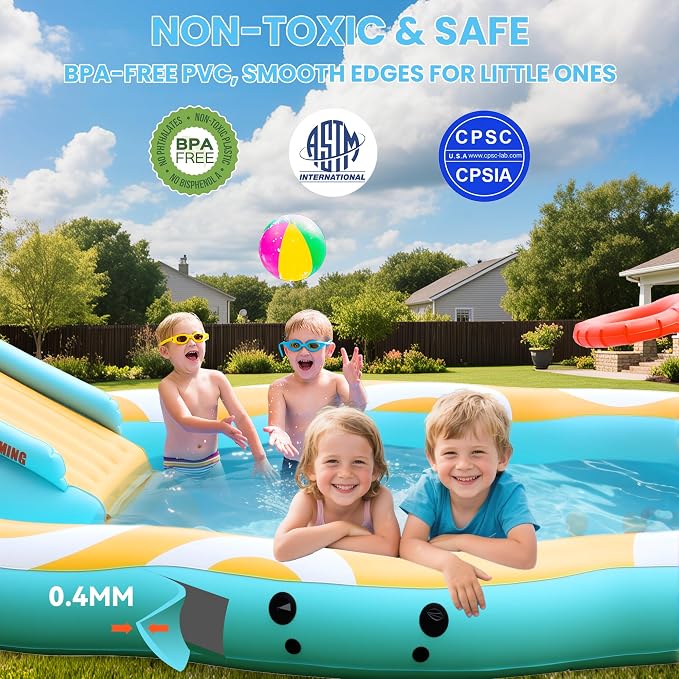 Inflatable Toddler Pool with Slide & Canopy, Backyard Kiddie Pool for Kids | Large Size 126"*72"*52", Thickened Durable, Soft Buffer Pad