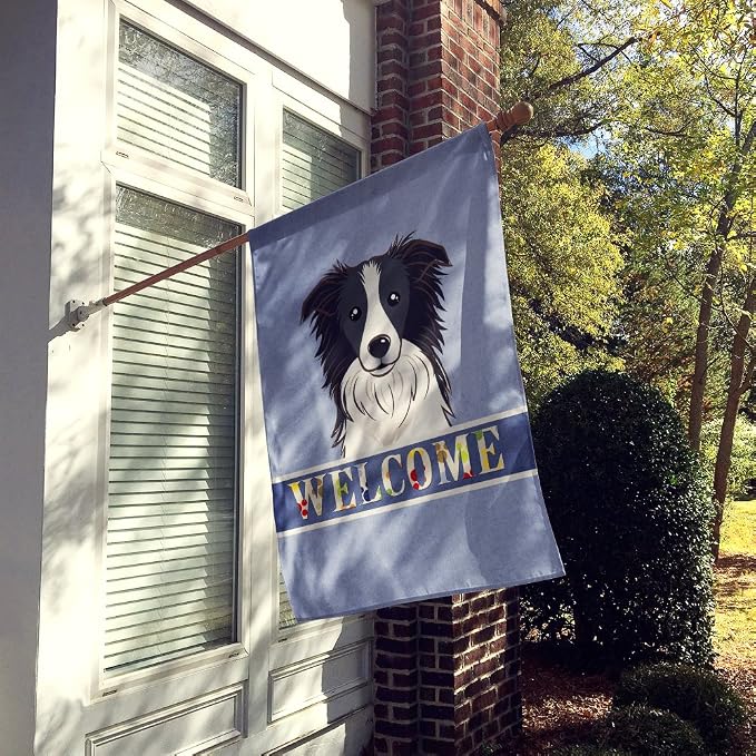 Caroline's Treasures BB1427CHF Border Collie Welcome House Flag, Blue Large Porch Sleeve Pole Decorative Outside Yard Banner Artwork Wall Hanging, Polyester, House Size, Multicolor