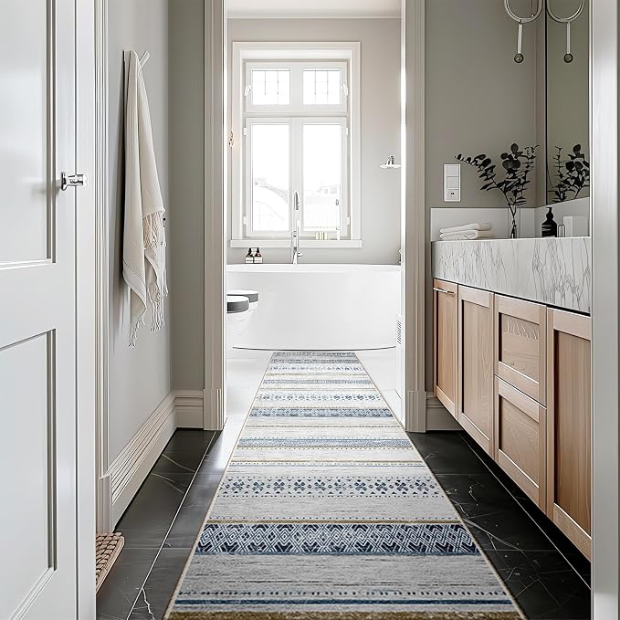 2x10 Washable Area Rugs for Living Room Boho Runner Rug Blue/Brown | Vacuum Friendly, Machine Washable, Non-Slip Rug, Stain Resistant, Moroccan Geometric, Low Pile Carpet, Hallway Kitchen
