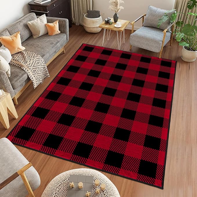 Red Black Buffalo Plaid Rug 6' x 9' Buffalo Check Rugs Carpet Living Room | Christmas Halloween Area Rugs for Bedroom Dining Room, Machine Washable, Non Slip