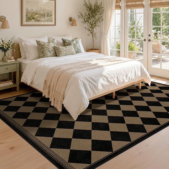 Easy Jute Indoor Outdoor Checkered Rug for Dining Room 6x9, Stain Resistant Non-Slip Geometric Black and Brown Diamond Living Room Rug, Durable Boho Border Low Pile Carpet Decor for Bedroom and Office