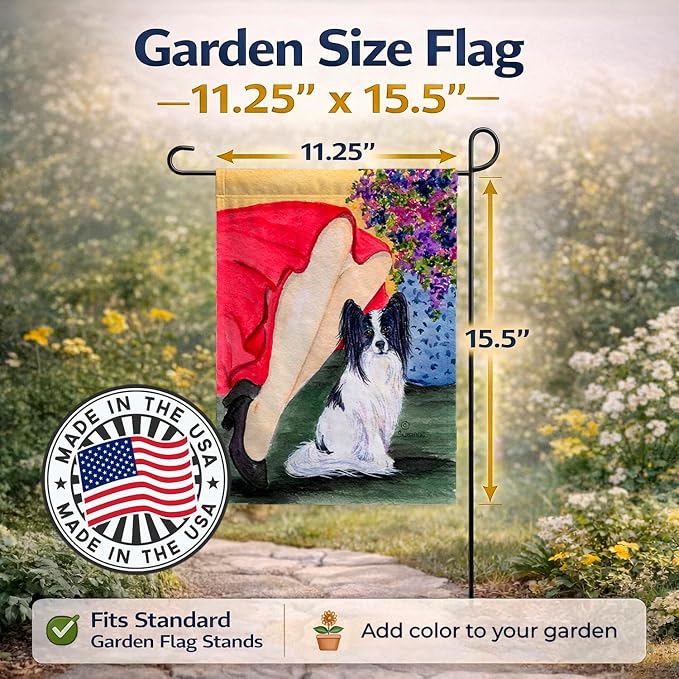Caroline's Treasures SS8523GF Lady with her Papillon Garden Flag Mailbox Flag Decorative Yard Flag Banner Outside Patio Artwork Yard Flower Beds, Garden Size, Multicolor